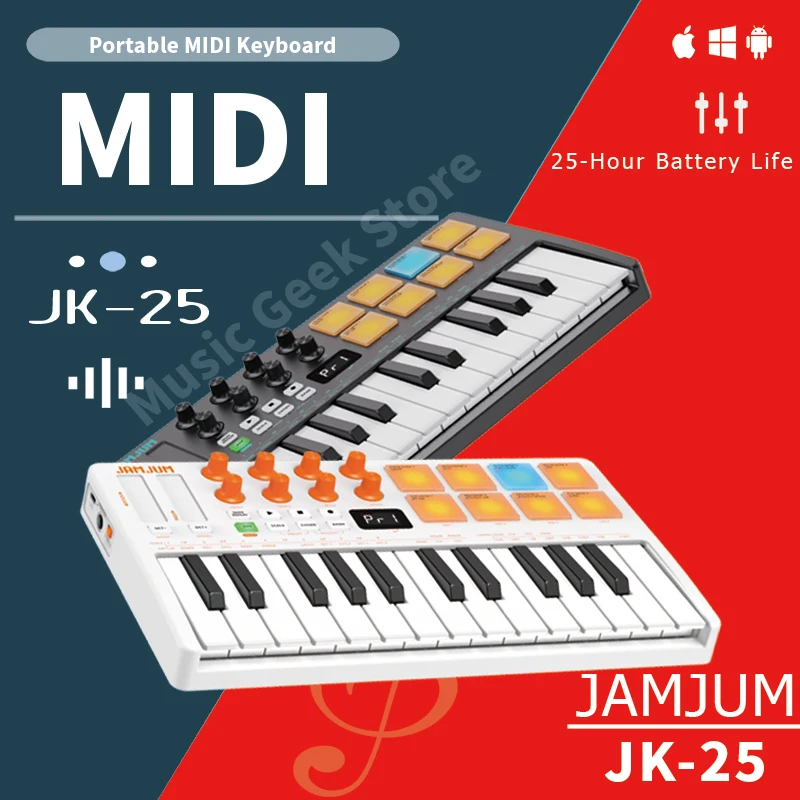 JAMJUM JK-25 Key MIDI Keyboard with Wireless Receiver, 8 RGB Backlit Pads, Rechargeable Battery, USB Mini Portable for Music Pro
