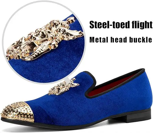 Luxury Men's Royal Blue Velvet Loafers Gold Metal Emblem Rhinestone Cap Toe Red Lining Slip-On Smoking Shoes for Wedding Party
Luxury Men's Royal Blue Velvet Loafers Gold Metal Emblem Rhinestone Cap Toe Red Lining Slip-On Smoking Shoes for Wedding Party