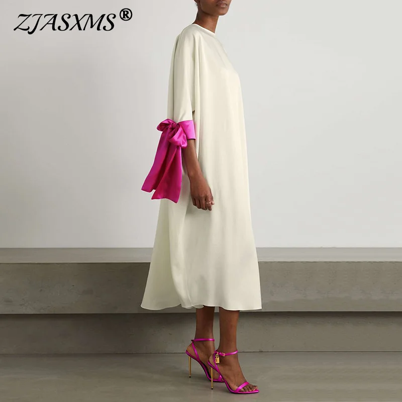 Femme Lace up Contrast Bow Three Quarter Party Dress Summer O Neck Straight Long Dress Woman Loose Satin Boho Maxi Dress Mujer
Femme Lace up Contrast Bow Three Quarter Party Dress Summer O Neck Straight Long Dress Woman Loose Satin Boho Maxi Dress Mujer 