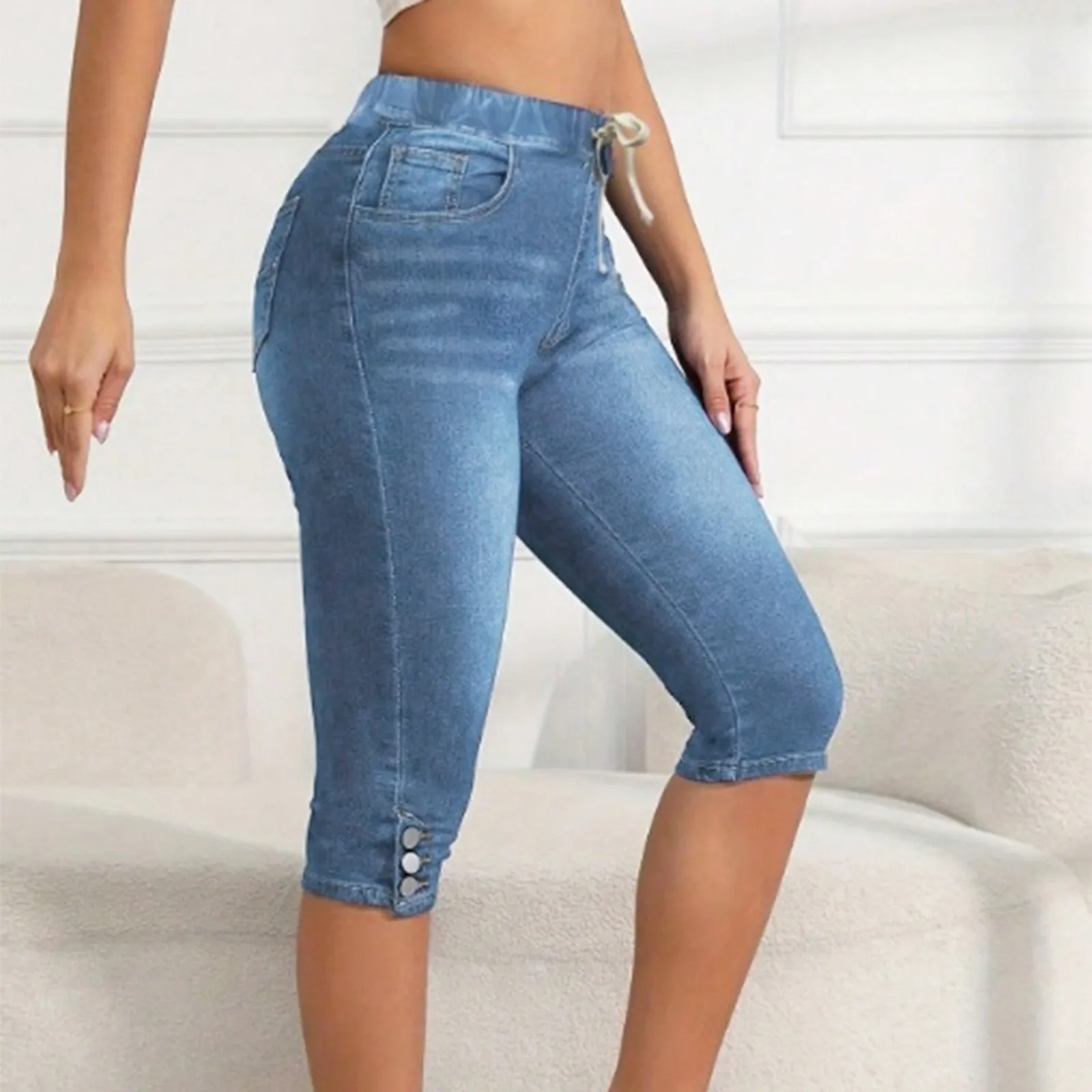 Fashion Trouser Legs Button Decoration Seven-quarter Trousers Women Elasticated Waist Lace-up Pencil Jeans Female Denim Pants
Fashion Trouser Legs Button Decoration Seven-quarter Trousers Women Elasticated Waist Lace-up Pencil Jeans Female Denim Pants