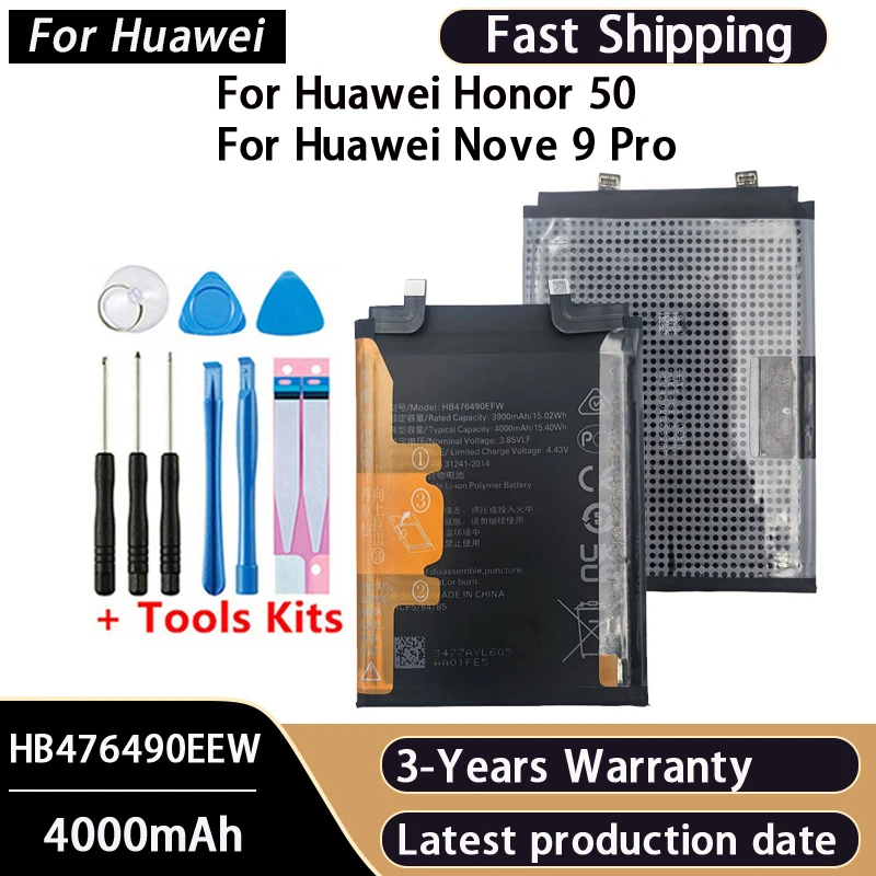 New 4000mAh Battery HB476490EFW For Huawei Nova 9 Pro For Honor 50 Pro Batteries Bateria Batterij +Free Tools
New 4000mAh Battery HB476490EFW For Huawei Nova 9 Pro For Honor 50 Pro Batteries Bateria Batterij +Free Tools