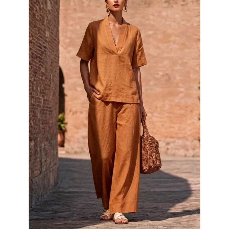 Women V Neck Solid color Short sleeved Top & Wide Leg Pants Outfit Elegant Casual Fashion Office Summer Outfit Streetwear
Women V Neck Solid color Short sleeved Top & Wide Leg Pants Outfit Elegant Casual Fashion Office Summer Outfit Streetwear