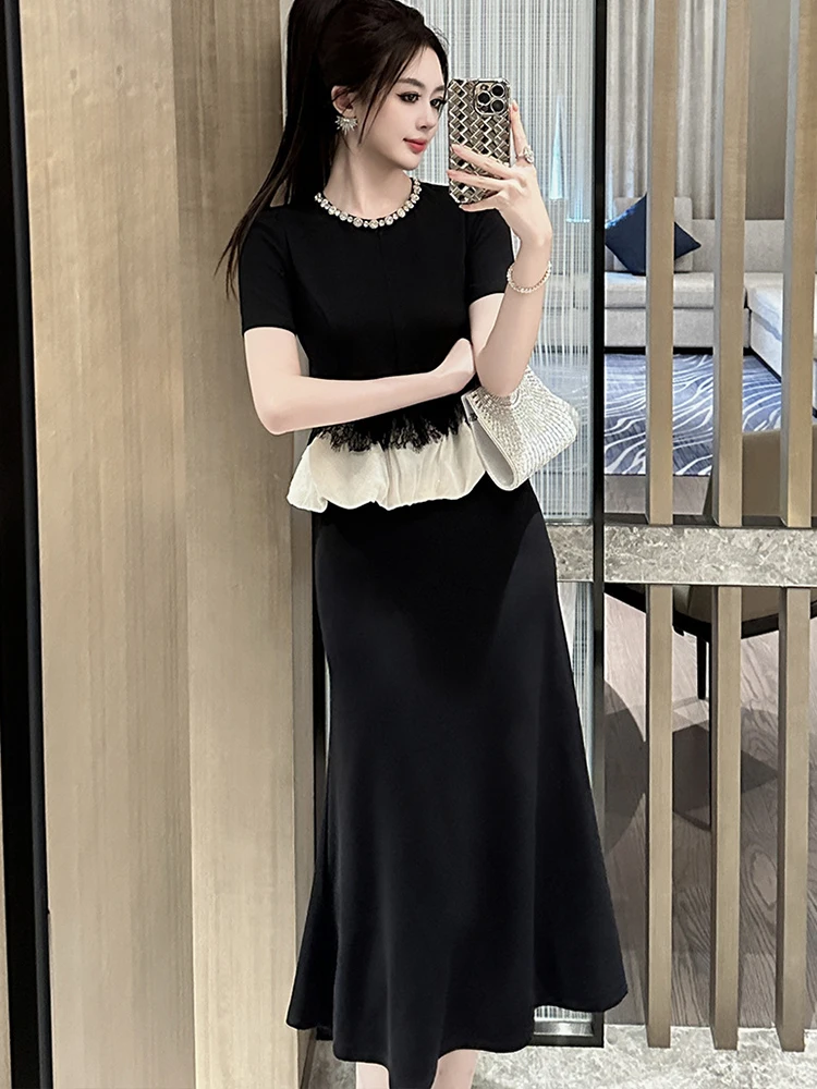 Fake 2-Piece Women Black Rhinestone O-Neck Ruffle Slim Midi Dress Elegant Luxury Formal Party Prom Robe Vestidos Street Clothes
Fake 2-Piece Women Black Rhinestone O-Neck Ruffle Slim Midi Dress Elegant Luxury Formal Party Prom Robe Vestidos Street Clothes