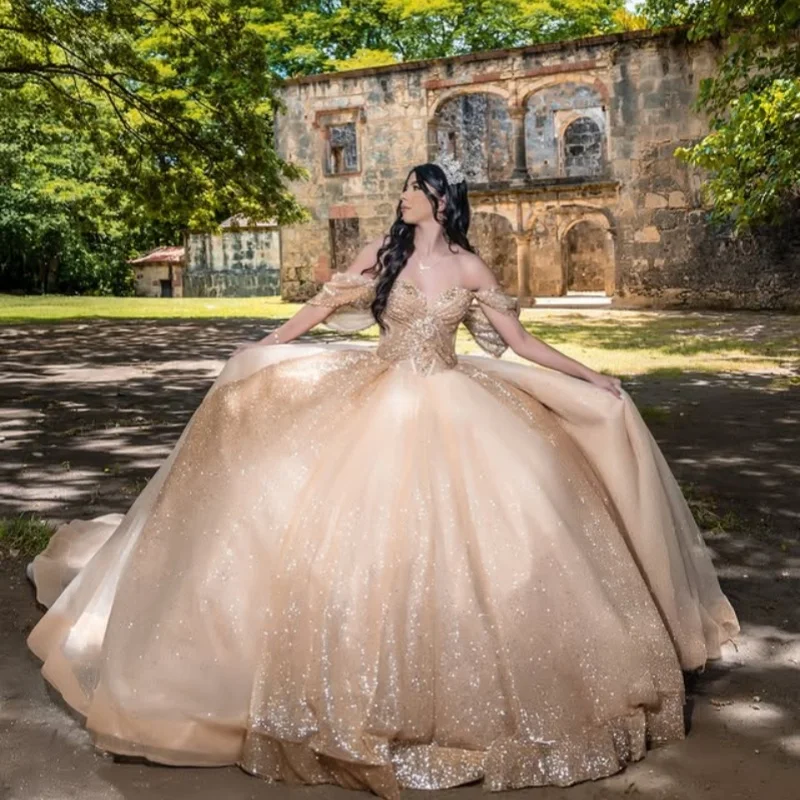 Customized Shiny champagne color Quinceanera Dresses Off the Shoulder applique Tull Long tail Vestido 15 Quinceanera
Customized Shiny champagne color Quinceanera Dresses Off the Shoulder applique Tull Long tail Vestido 15 Quinceanera