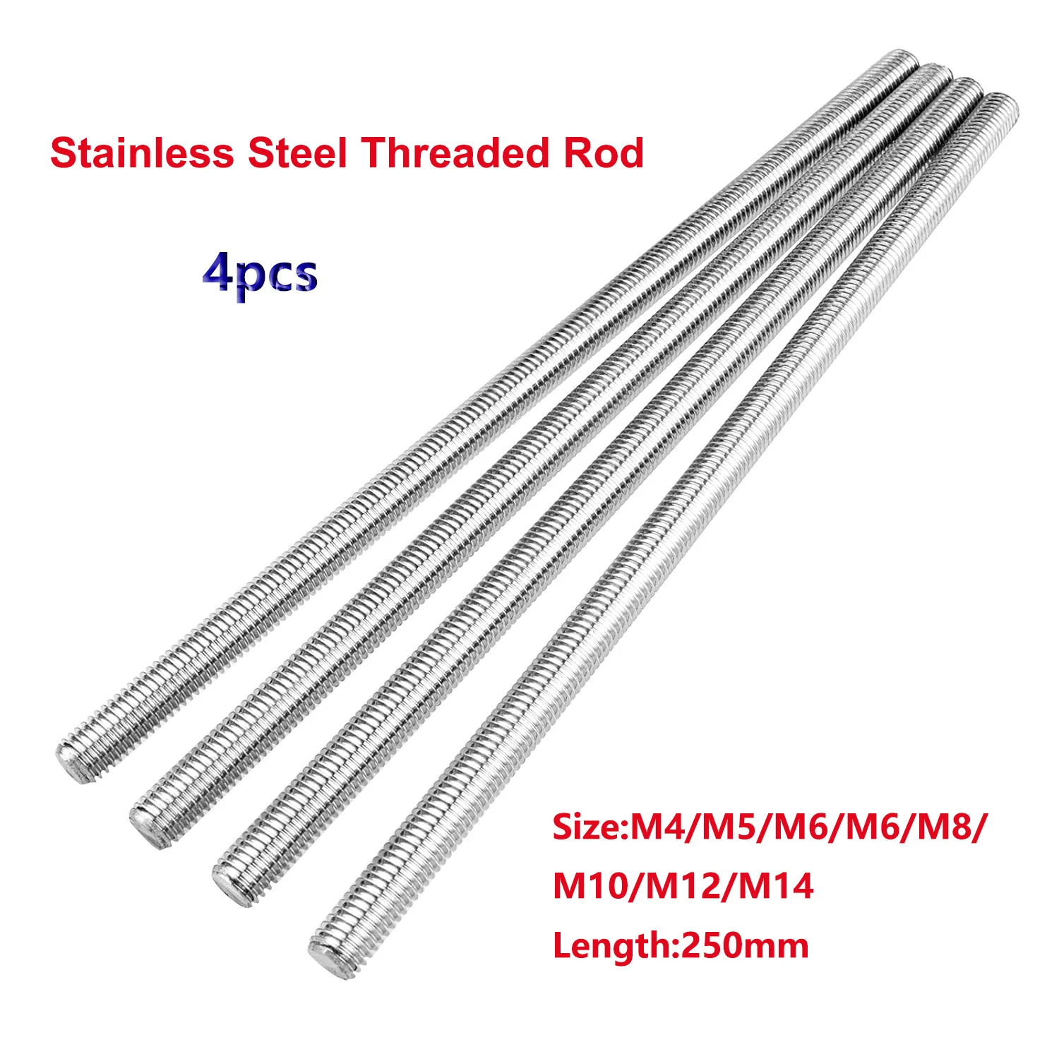 4pcs 304 Stainless Steel Full Threaded Rod Fully Metric Thread Rods Screws Bolt Stud M4-M14, 250mm Length
4pcs 304 Stainless Steel Full Threaded Rod Fully Metric Thread Rods Screws Bolt Stud M4-M14, 250mm Length