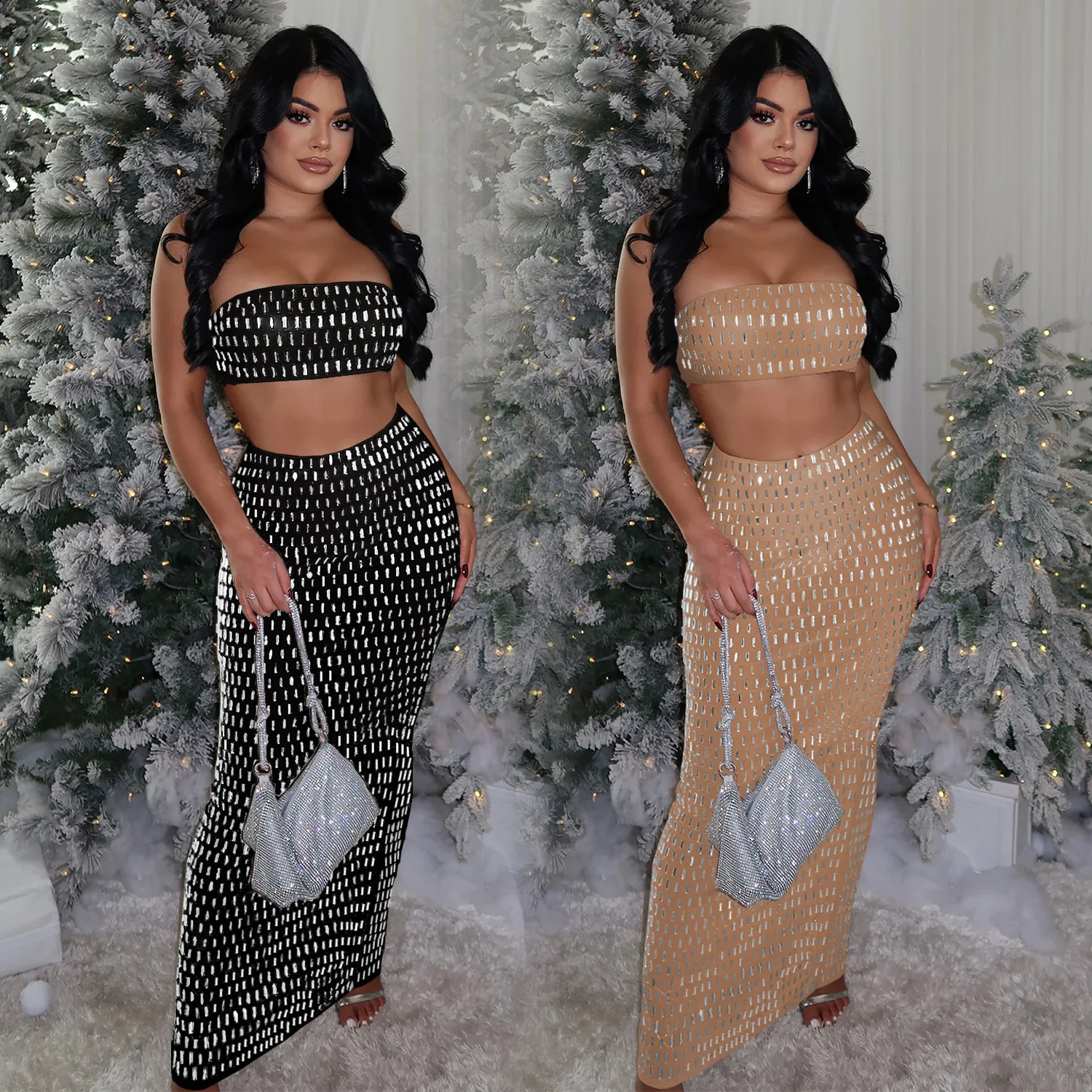 C7222 Fashion Women's Sexy Strapless, Hot Stamping, Diamond Wrapped Long Skirt Two-piece Set
C7222 Fashion Women's Sexy Strapless, Hot Stamping, Diamond Wrapped Long Skirt Two-piece Set