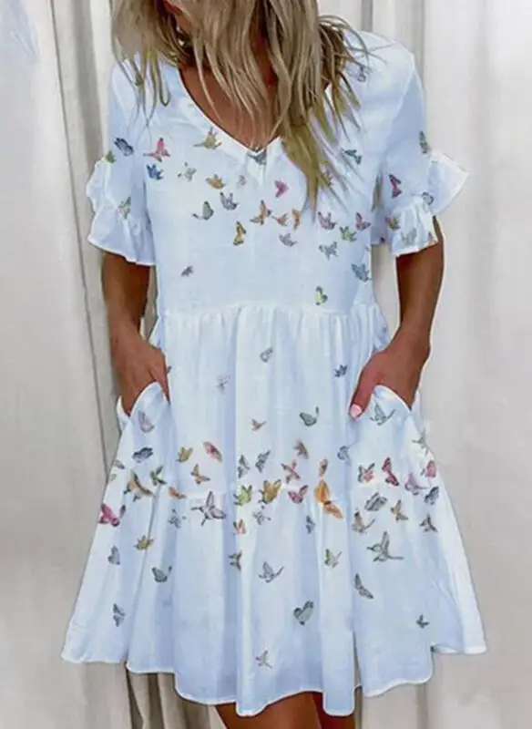 Loose Casual Ruffles V-Neck Women Dress Summer Short Sleeve Fashion Floral Print Woman Dresses New Arrival White Beach Dresses
Loose Casual Ruffles V-Neck Women Dress Summer Short Sleeve Fashion Floral Print Woman Dresses New Arrival White Beach Dresses