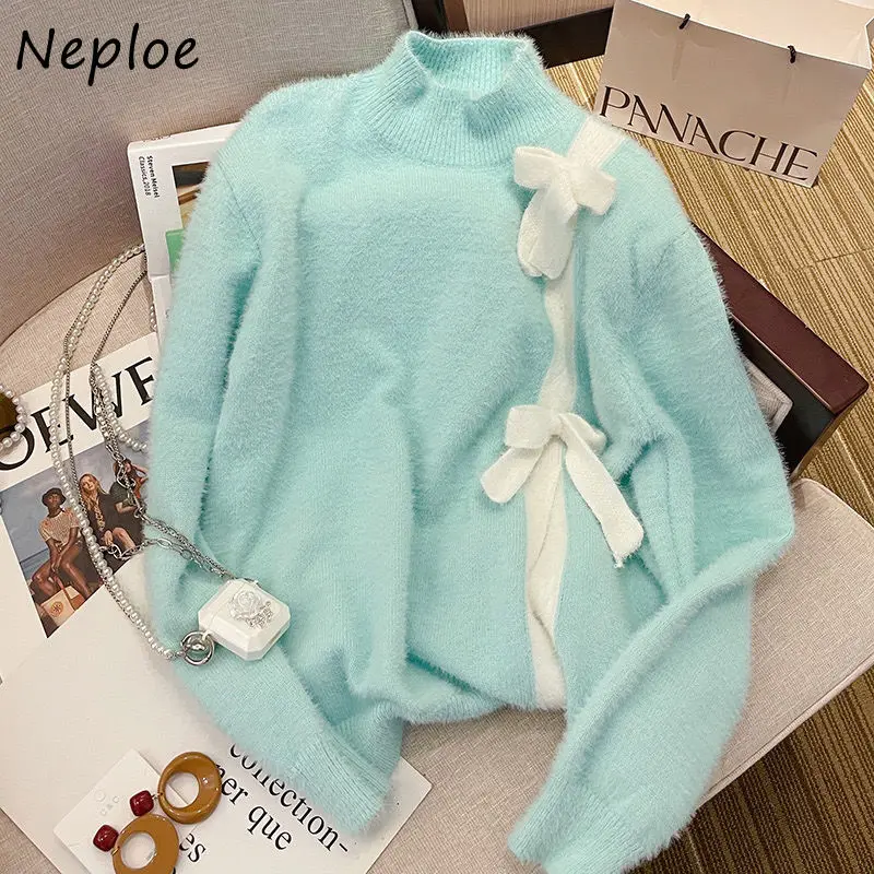 Neploe 2025 Autumn Winter New Blue Knitted Pullover Sweet Bow Half-high Collar Sweaters Y2k Long Sleeve Loose Tops Mujer
Neploe 2025 Autumn Winter New Blue Knitted Pullover Sweet Bow Half-high Collar Sweaters Y2k Long Sleeve Loose Tops Mujer