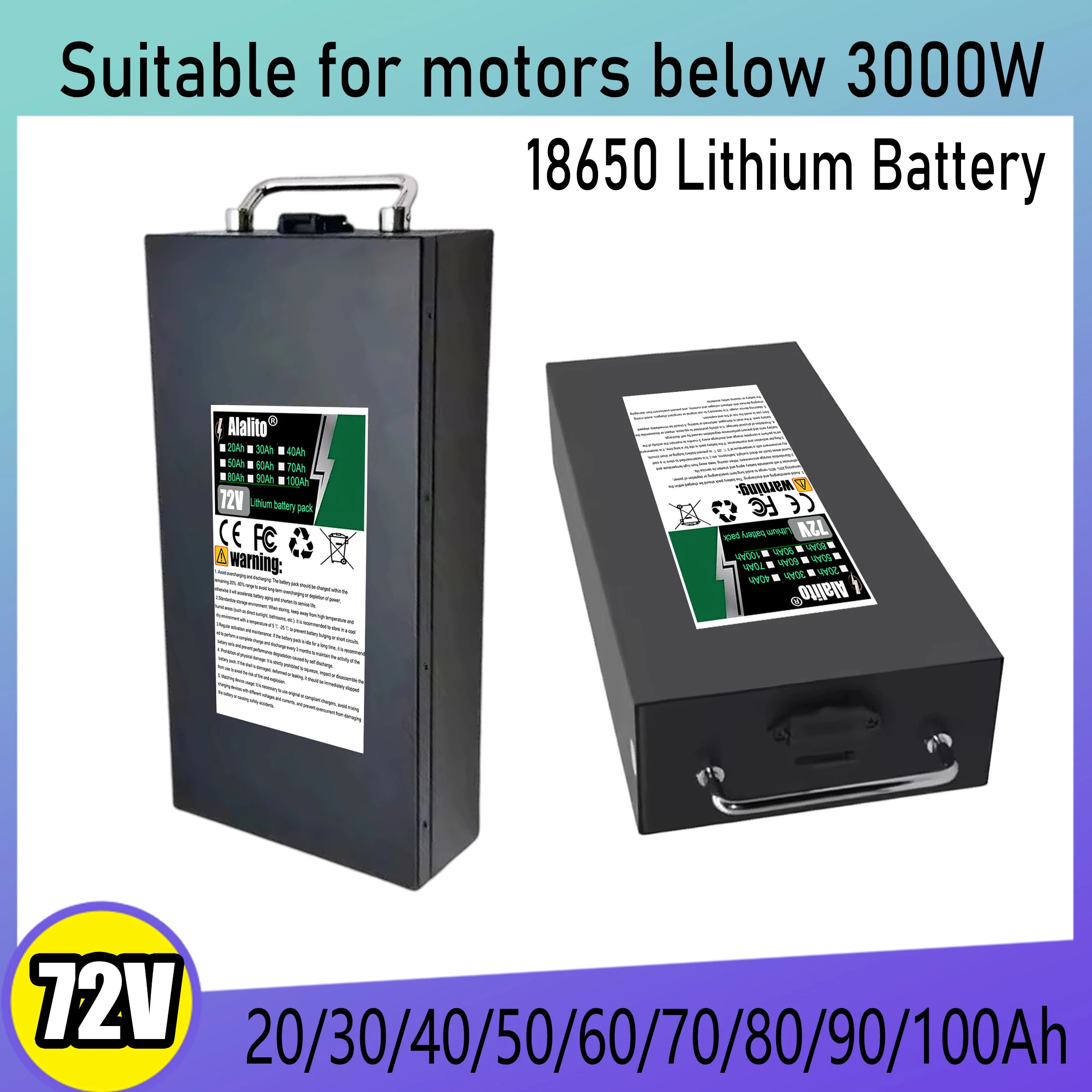 18650 lithium battery pack,20Ah-100Ah,72V,Air freight,suitable for electric scooters and motorcycles below 3000W
18650 lithium battery pack,20Ah-100Ah,72V,Air freight,suitable for electric scooters and motorcycles below 3000W