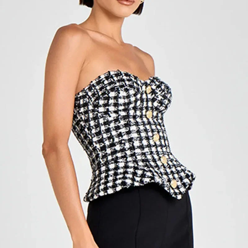 Женская элегантная вечерняя блузка без бретелек без рукавов, сексуальные облегающие топы с открытой спиной на талии, модная вечерние рубашка на пуговицах с клетчатым принтом
Женская элегантная вечерняя блузка без бретелек без рукавов, сексуальные облегающие топы с открытой спиной на талии, модная вечерние рубашка на пуговицах с клетчатым принтом