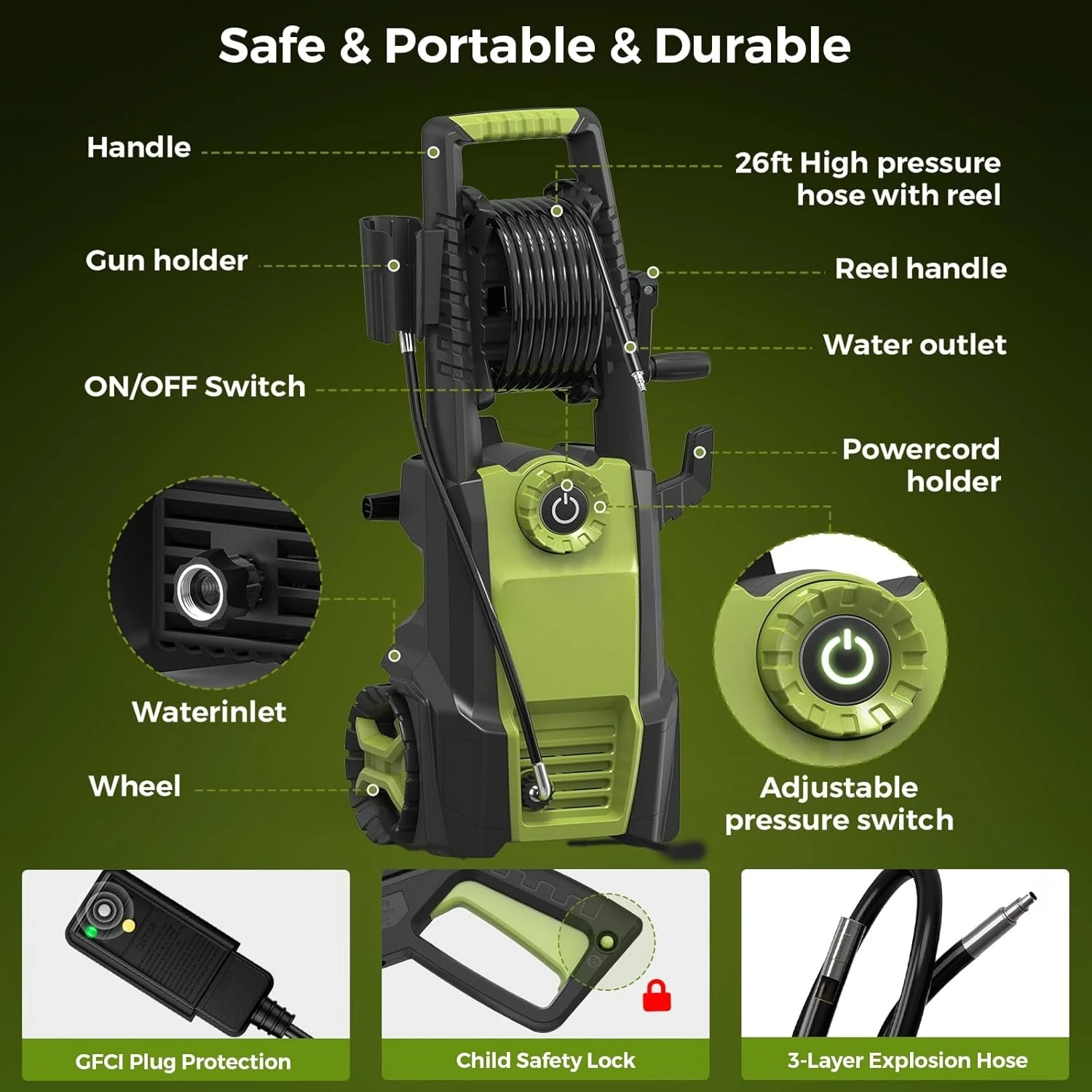 Pressure Washer with Adjustable PSI Switch, 4500PSI Max 3.0 GPM Electric Power Washer with 5 Nozzles & 500ml Foam Cannon
Pressure Washer with Adjustable PSI Switch, 4500PSI Max 3.0 GPM Electric Power Washer with 5 Nozzles & 500ml Foam Cannon