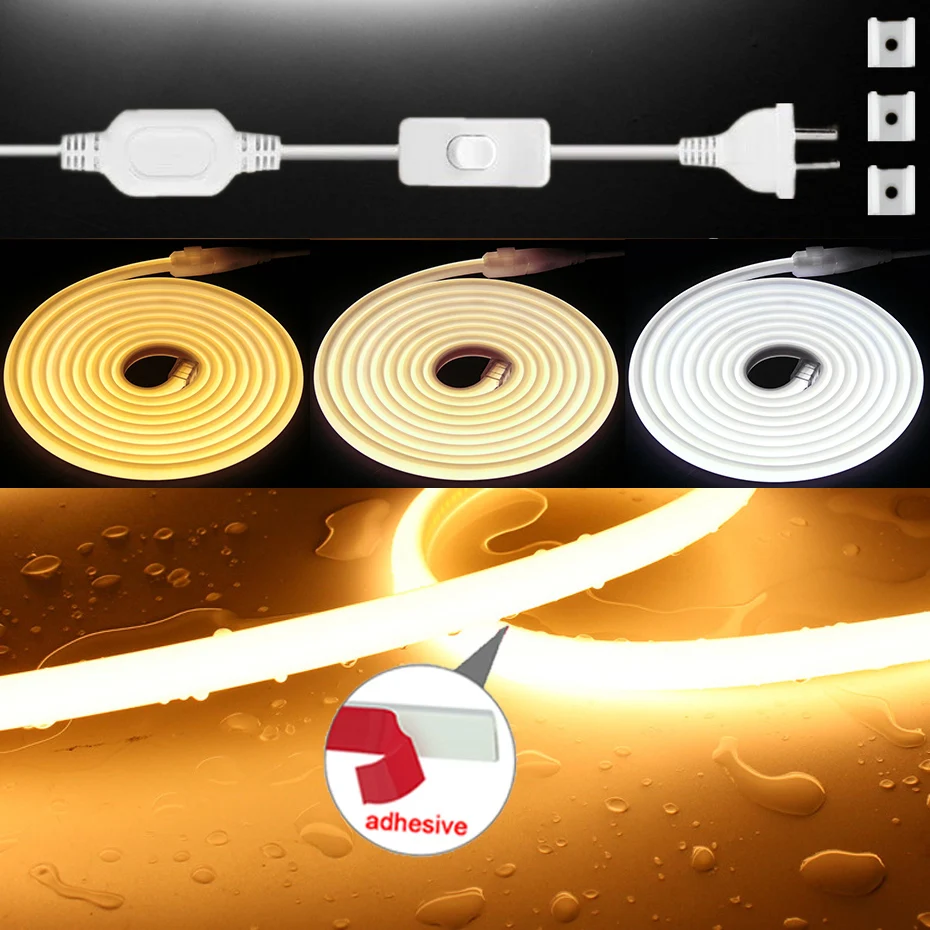 Flexible 220V COB LED Strip 288LEDs/m IP65 Waterproof Adhesive Tape 50m 30m 10m 0.5m with EU/AU Switch Plug for Home Garden
Flexible 220V COB LED Strip 288LEDs/m IP65 Waterproof Adhesive Tape 50m 30m 10m 0.5m with EU/AU Switch Plug for Home Garden