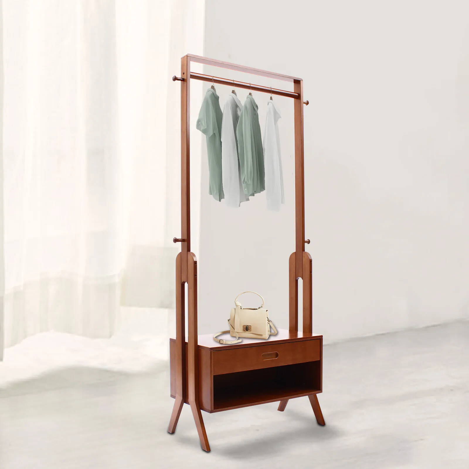 2-in-1 Garment Rack Bamboo Clothes Rack Closet Hanger Organizer with 4 Hooks 
2-in-1 Garment Rack Bamboo Clothes Rack Closet Hanger Organizer with 4 Hooks