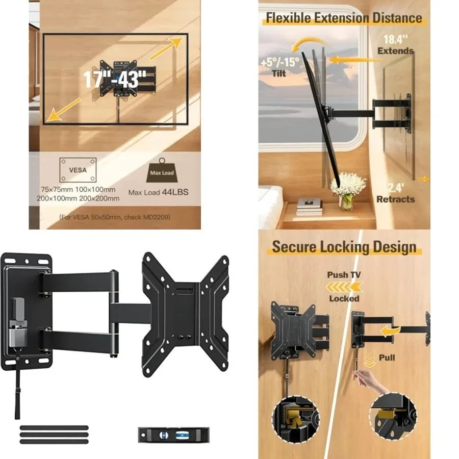 UL Listed Lockable RV TV Mount for Most 17-43 inch TV, RV Mount for Camper Trailer Motor Home Boat Truck, Full Motion Unique One Step Lock RV TV Wall Mount, VESA 200mm, 44 lbs
UL Listed Lockable RV TV Mount for Most 17-43 inch TV, RV Mount for Camper Trailer Motor Home Boat Truck, Full Motion Unique One Step Lock RV TV Wall Mount, VESA 200mm, 44 lbs