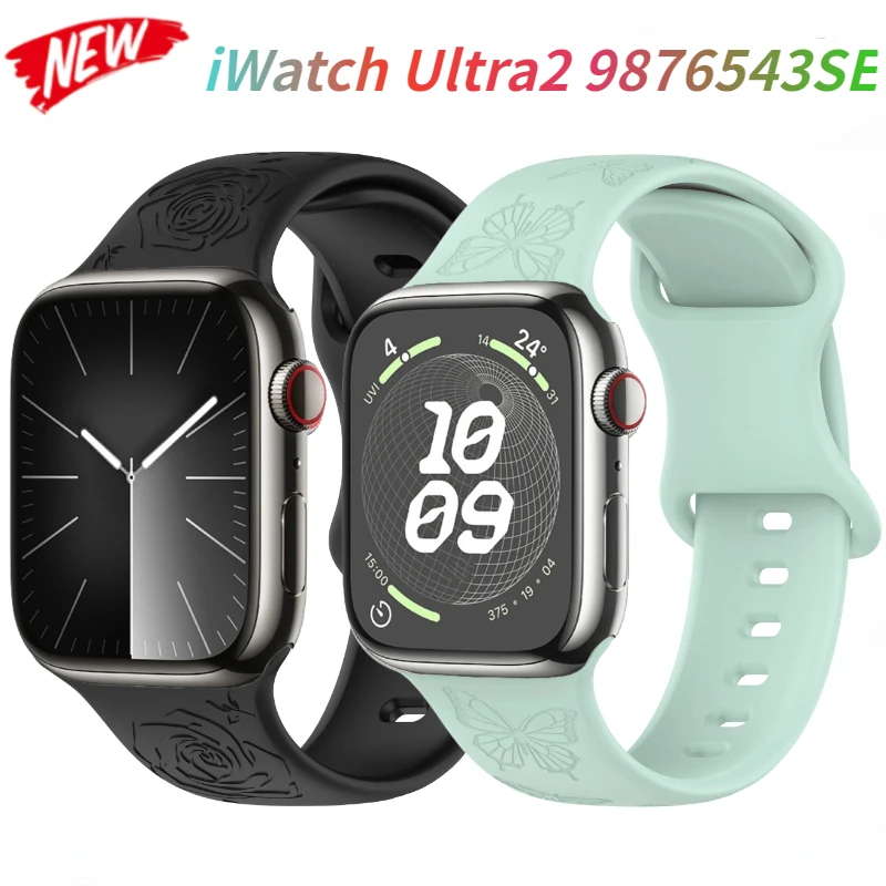 Engraved Silicone Strap for Apple Watch Band 9 8 7 6 5 4 3 SE2 45mm 41mm 44mm 40mm Pattern Bracelet Wristband for Ultra2 49mm
Engraved Silicone Strap for Apple Watch Band 9 8 7 6 5 4 3 SE2 45mm 41mm 44mm 40mm Pattern Bracelet Wristband for Ultra2 49mm