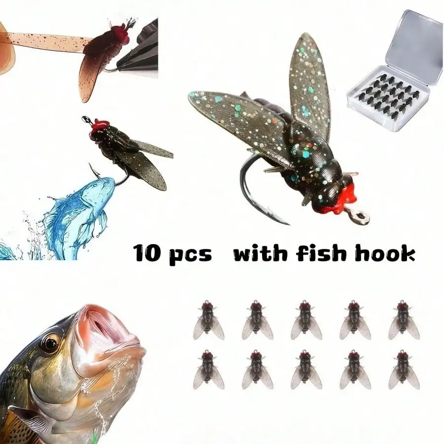 10pcs Realistic Fly Insect Bait (With Fish Hook), With Wings, Bionic Fly Soft Bait, Reusable, Suitable For Trout, Bass, Carp And Surface Fishing, Soft Bait, Designed For Outdoor Fishing Enthusiasts
10pcs Realistic Fly Insect Bait (With Fish Hook), With Wings, Bionic Fly Soft Bait, Reusable, Suitable For Trout, Bass, Carp And Surface Fishing, Soft Bait, Designed For Outdoor Fishing Enthusiasts