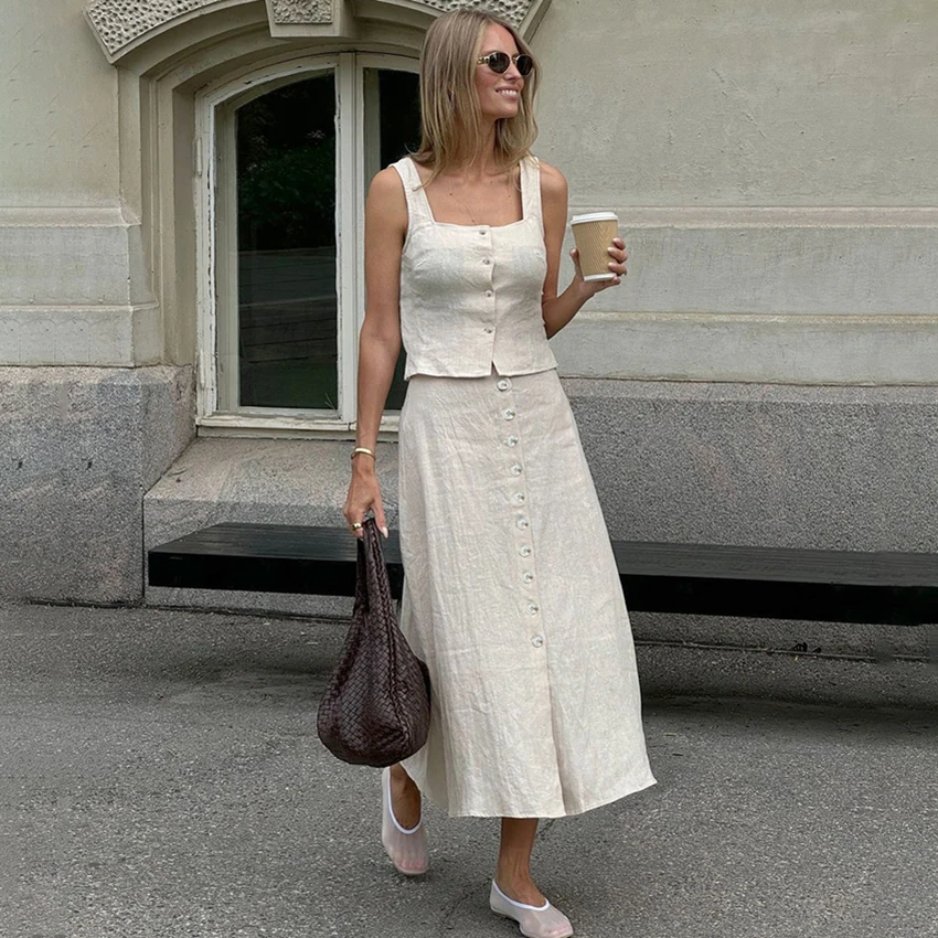Linad Street Chic Khaki Long Straight Skirts Suits With Single-Breasted Vest Two T Piece Sets Summer Sleeveless Tank Top Outfits
Linad Street Chic Khaki Long Straight Skirts Suits With Single-Breasted Vest Two T Piece Sets Summer Sleeveless Tank Top Outfits
