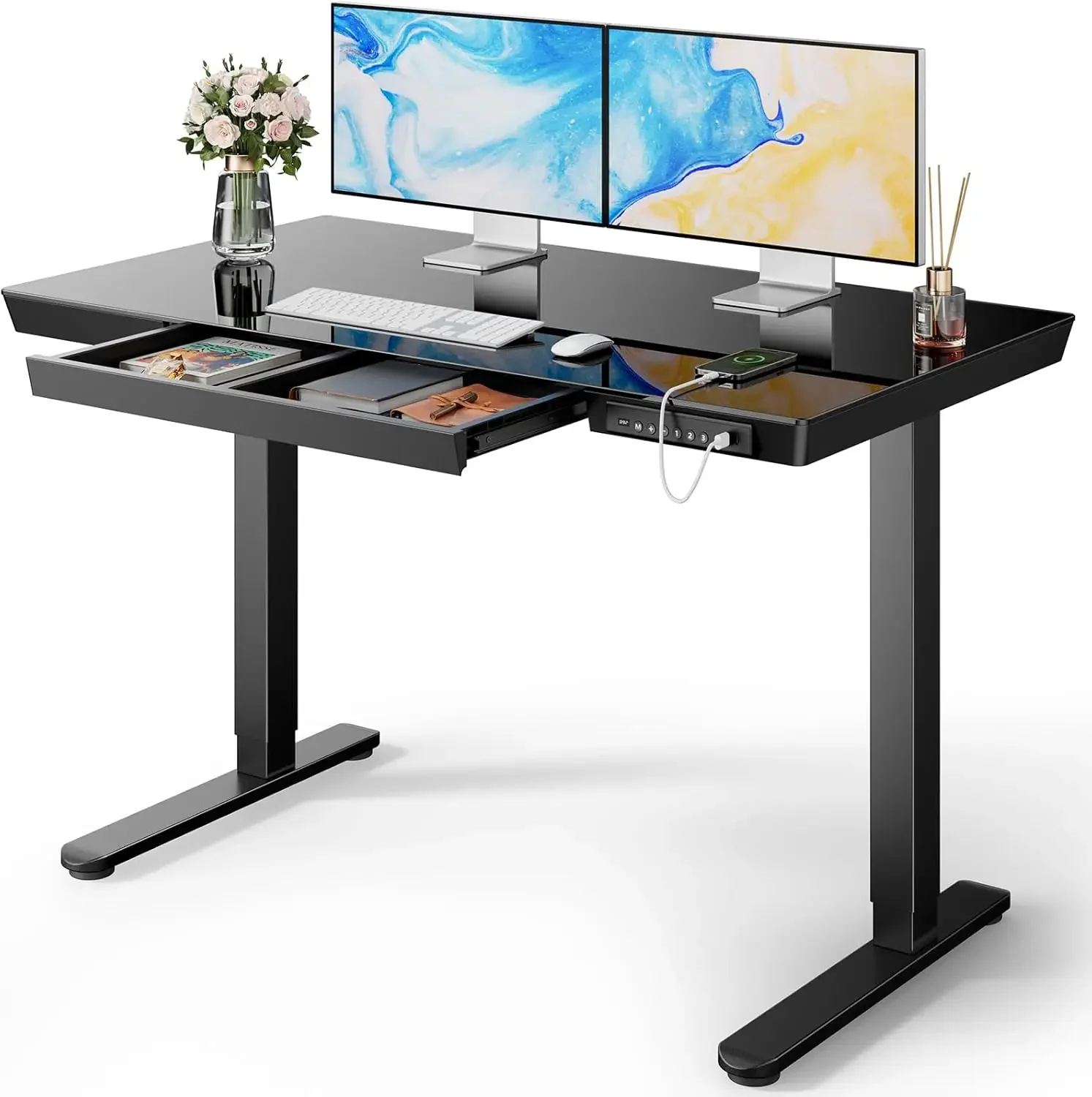 Glass Standing Desk Drawer 48 24 Inch Electric Height Adjustable Desk One Piece Tabletop USB Charging Ports Sit Stand Desk Stora
Glass Standing Desk Drawer 48 24 Inch Electric Height Adjustable Desk One Piece Tabletop USB Charging Ports Sit Stand Desk Stora