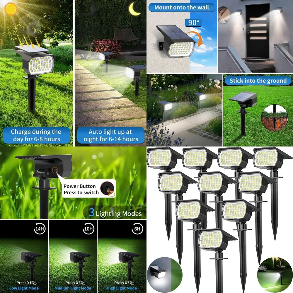 10-Pack Solar Spotlights, 46 LED, 3 Modes Waterproof, Auto On/Off for Outdoor Yard, Garden, Wall, Pathway - Cool White
10-Pack Solar Spotlights, 46 LED, 3 Modes Waterproof, Auto On/Off for Outdoor Yard, Garden, Wall, Pathway - Cool White