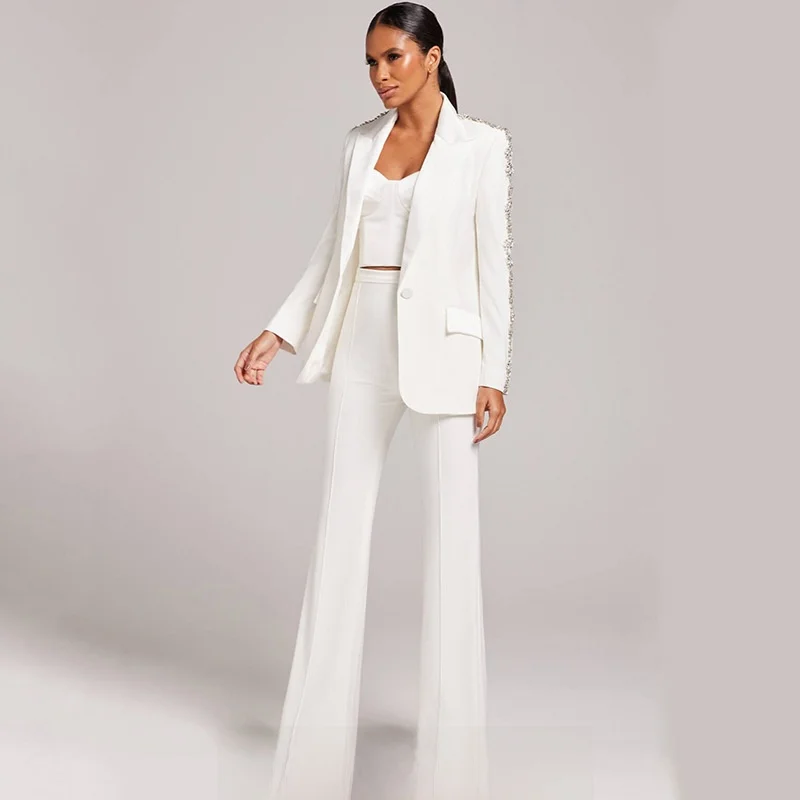 Fashionable 2023 Slim Fit Diamond Embellished Heavy Embroidery Tuxedo Flare Pants Set Two Piece Set Professional Women's Wear
Fashionable 2023 Slim Fit Diamond Embellished Heavy Embroidery Tuxedo Flare Pants Set Two Piece Set Professional Women's Wear