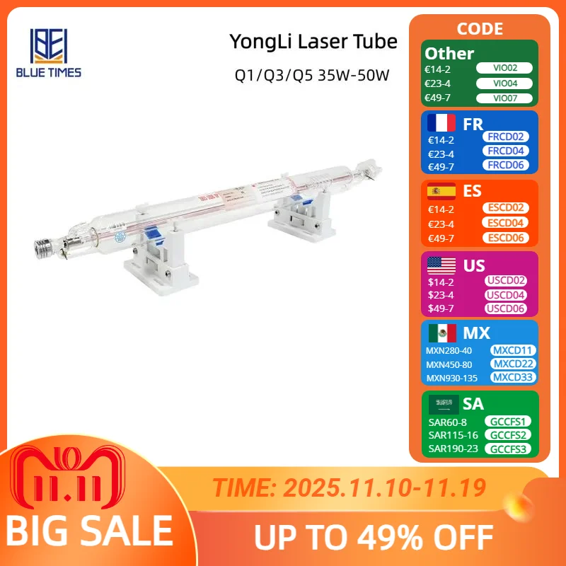 Bluetimes YongLi Q1/Q3/Q5 35-50W CO2 Laser Tube Glass Laser Lamp for Co2 Laser Engraving Cutting Machine K40 Series High Quality
Bluetimes YongLi Q1/Q3/Q5 35-50W CO2 Laser Tube Glass Laser Lamp for Co2 Laser Engraving Cutting Machine K40 Series High Quality