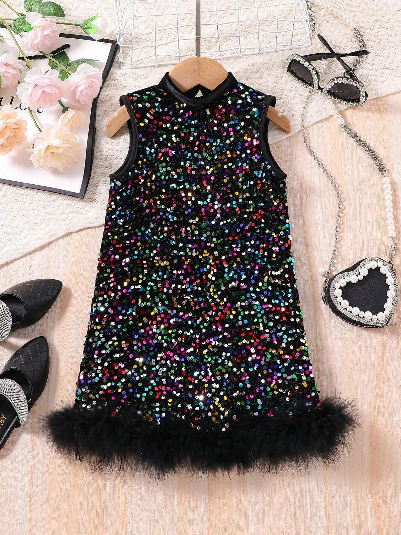 Black Sleeveless Sequin Dress with Feather Hem for Girls Party Wear
Black Sleeveless Sequin Dress with Feather Hem for Girls Party Wear