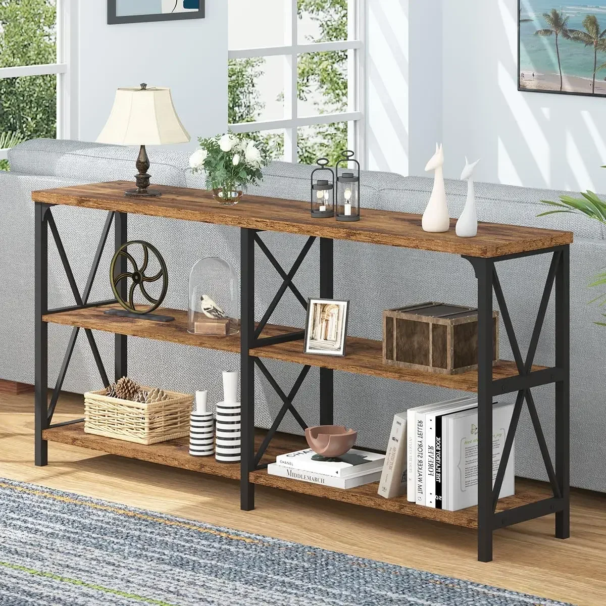 Table with Storage Shelves, Farmhouse 3 Tier Foyer Hallway Table for Entry Bedroom, Rustic Brown, 63 In
Table with Storage Shelves, Farmhouse 3 Tier Foyer Hallway Table for Entry Bedroom, Rustic Brown, 63 In