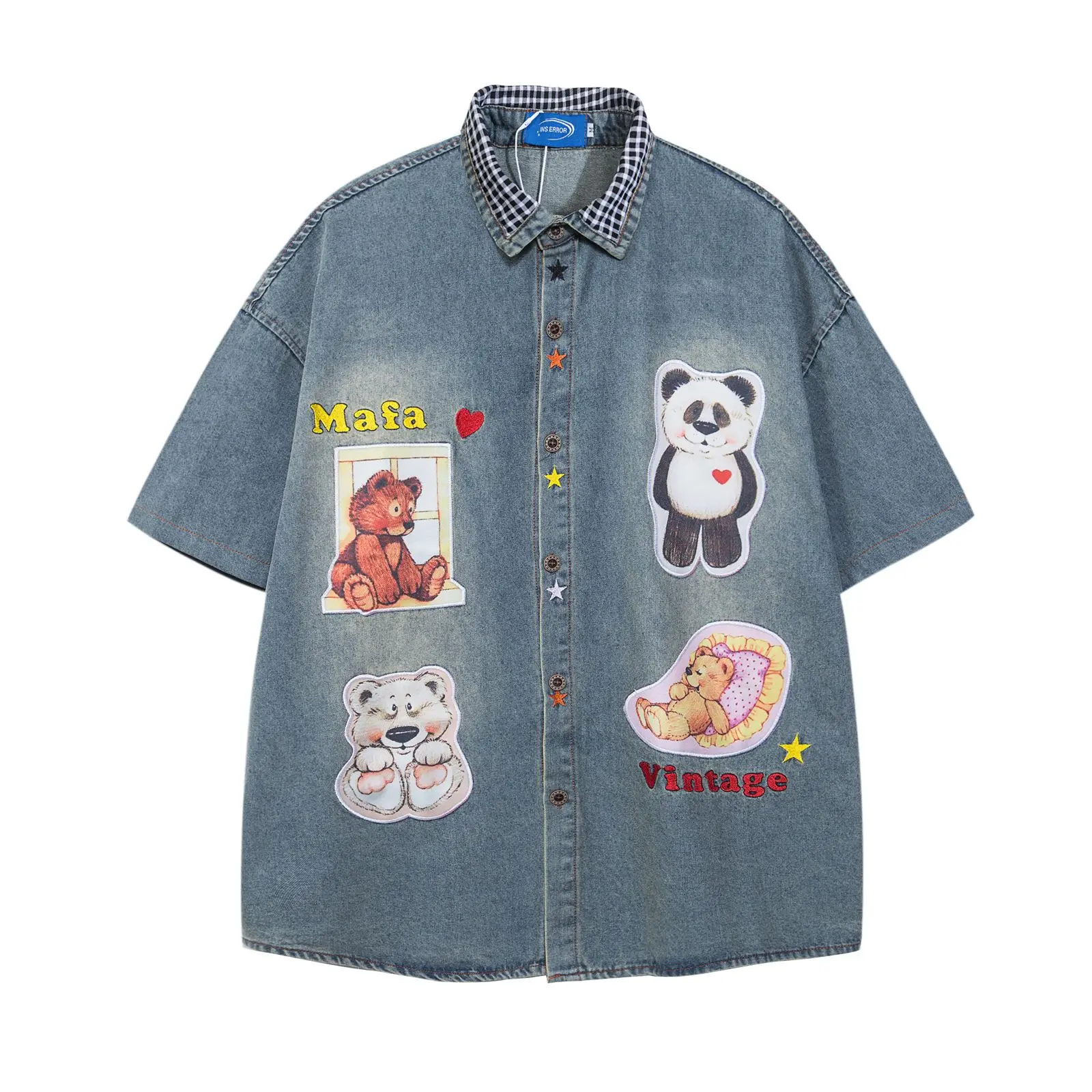 American Vintsge Denim Shirt Man Y2k Streetwear Patchwork Cartoon Printed Graphic Shirts Summer Casual Short Sleeve Shirts Male
American Vintsge Denim Shirt Man Y2k Streetwear Patchwork Cartoon Printed Graphic Shirts Summer Casual Short Sleeve Shirts Male