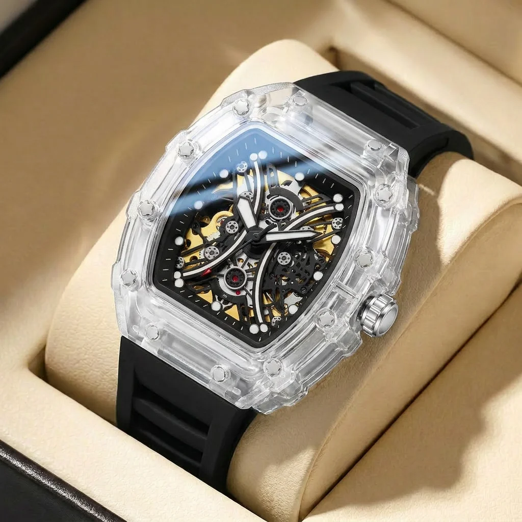 1pcs Men's black dial silicone strap vintage fashion skeleton gear luxury details Mechanical Watch for business party holiday
1pcs Men's black dial silicone strap vintage fashion skeleton gear luxury details Mechanical Watch for business party holiday