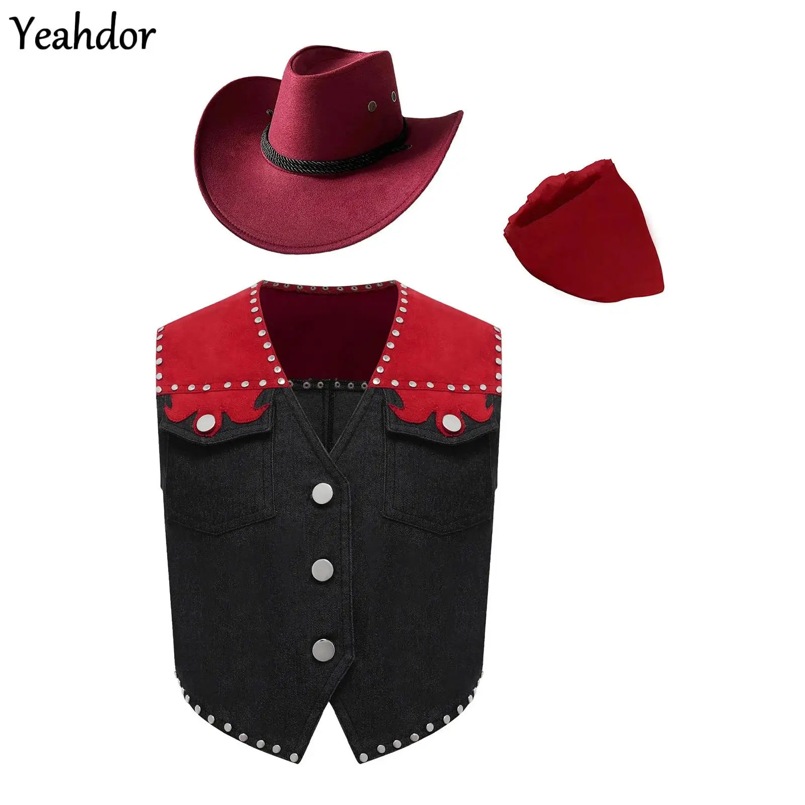 Western Cowboy Cowgirl Costume Rivet Fringe Denim Cowboy Vest Cardigan Tassels Waistcoat +Hat Bandana Suit Halloween Dress Up
Western Cowboy Cowgirl Costume Rivet Fringe Denim Cowboy Vest Cardigan Tassels Waistcoat +Hat Bandana Suit Halloween Dress Up