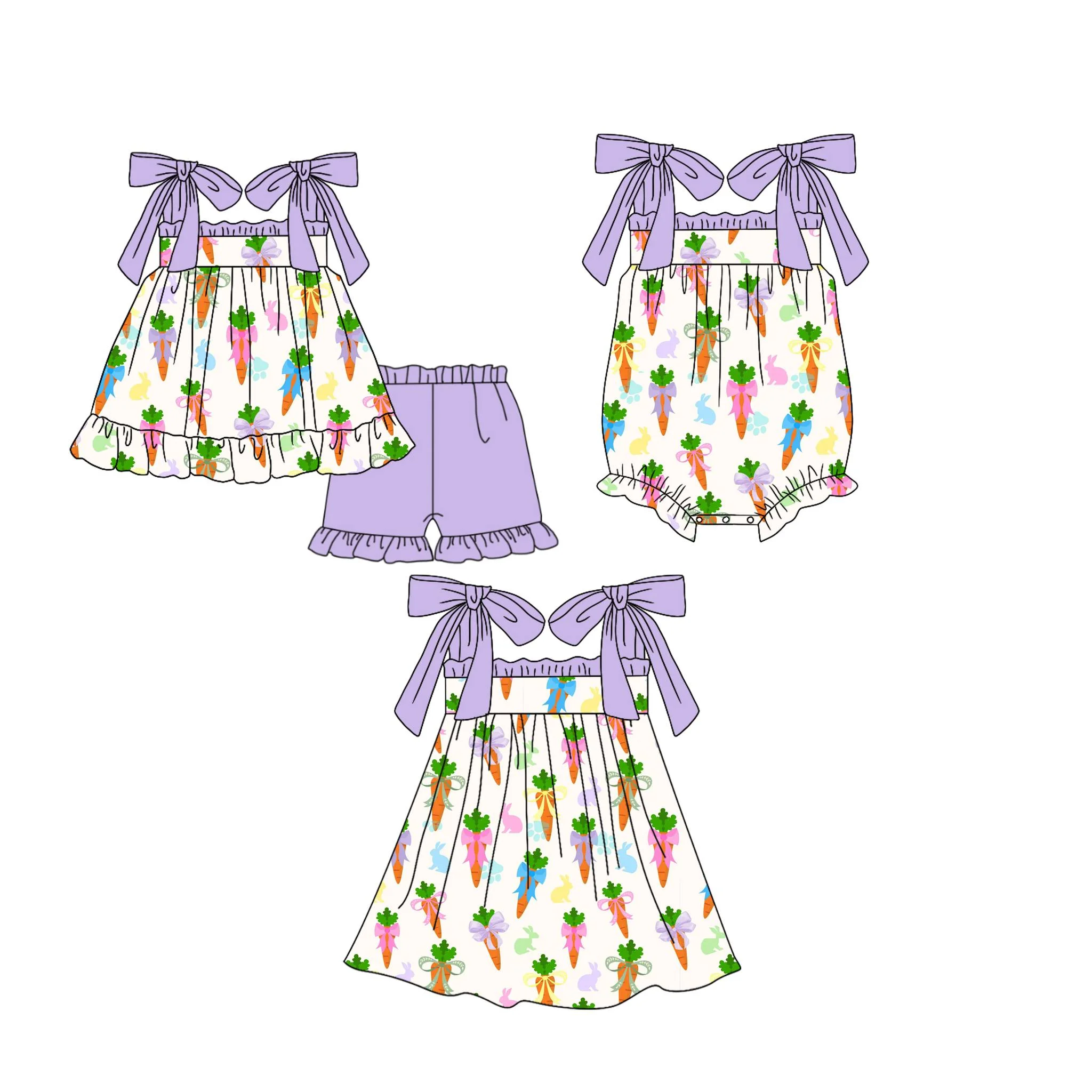 Easter Clothing Carrot and Rabbit Print Purple Strappy Top with Ruffles Shorts Girls Summer Boutique Set matching Dress and RomP
Easter Clothing Carrot and Rabbit Print Purple Strappy Top with Ruffles Shorts Girls Summer Boutique Set matching Dress and RomP