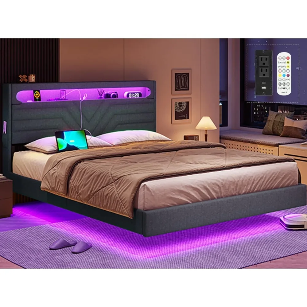 Queen Floating Bed Frame with RGB LED Lights & USB-C/A Ports, Dark Gray bed frame
Queen Floating Bed Frame with RGB LED Lights & USB-C/A Ports, Dark Gray bed frame