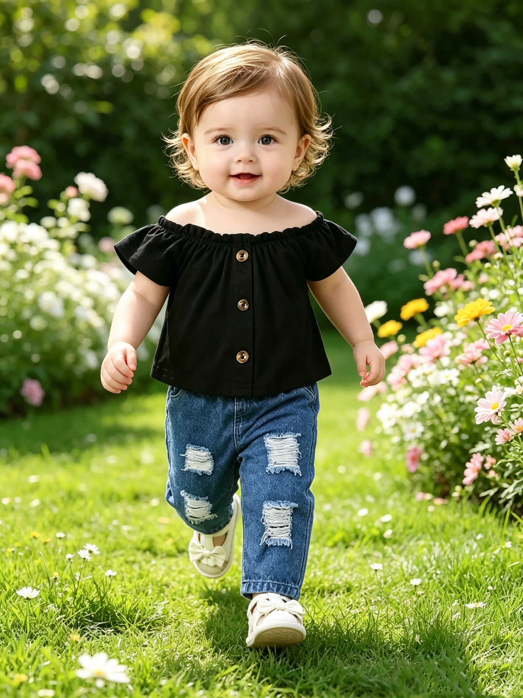Girls Summer One-Shoulder Outfit Set Black Shoulder-Baring Short-Sleeve Top + Distressed Denim Jeans Two-Piece Set for Babies
Girls Summer One-Shoulder Outfit Set Black Shoulder-Baring Short-Sleeve Top + Distressed Denim Jeans Two-Piece Set for Babies