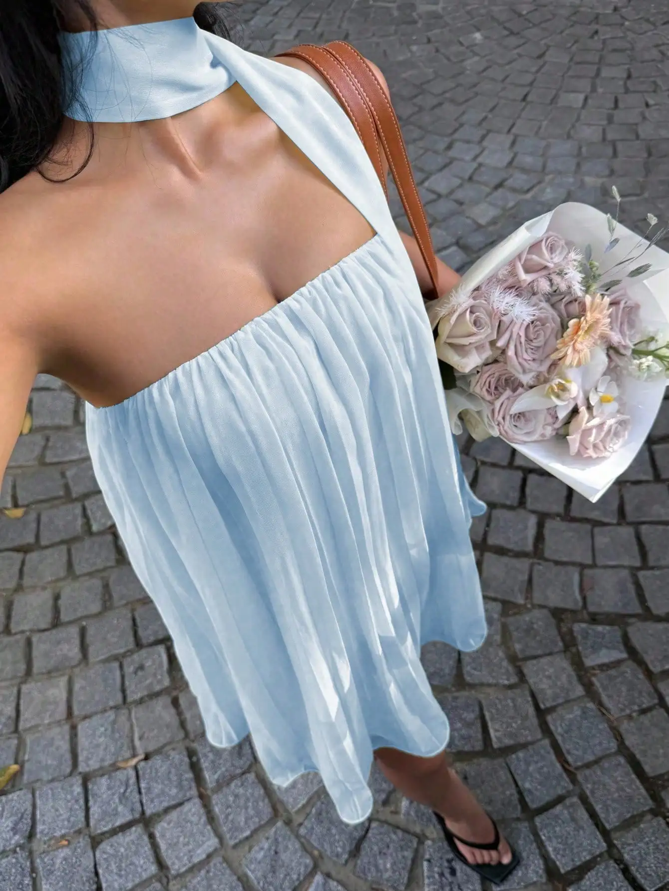 Sky Blue Pleated Halter Mini Dress With Ruched Bust And A-Line Silhouette
Sky Blue Pleated Halter Mini Dress With Ruched Bust And A-Line Silhouette