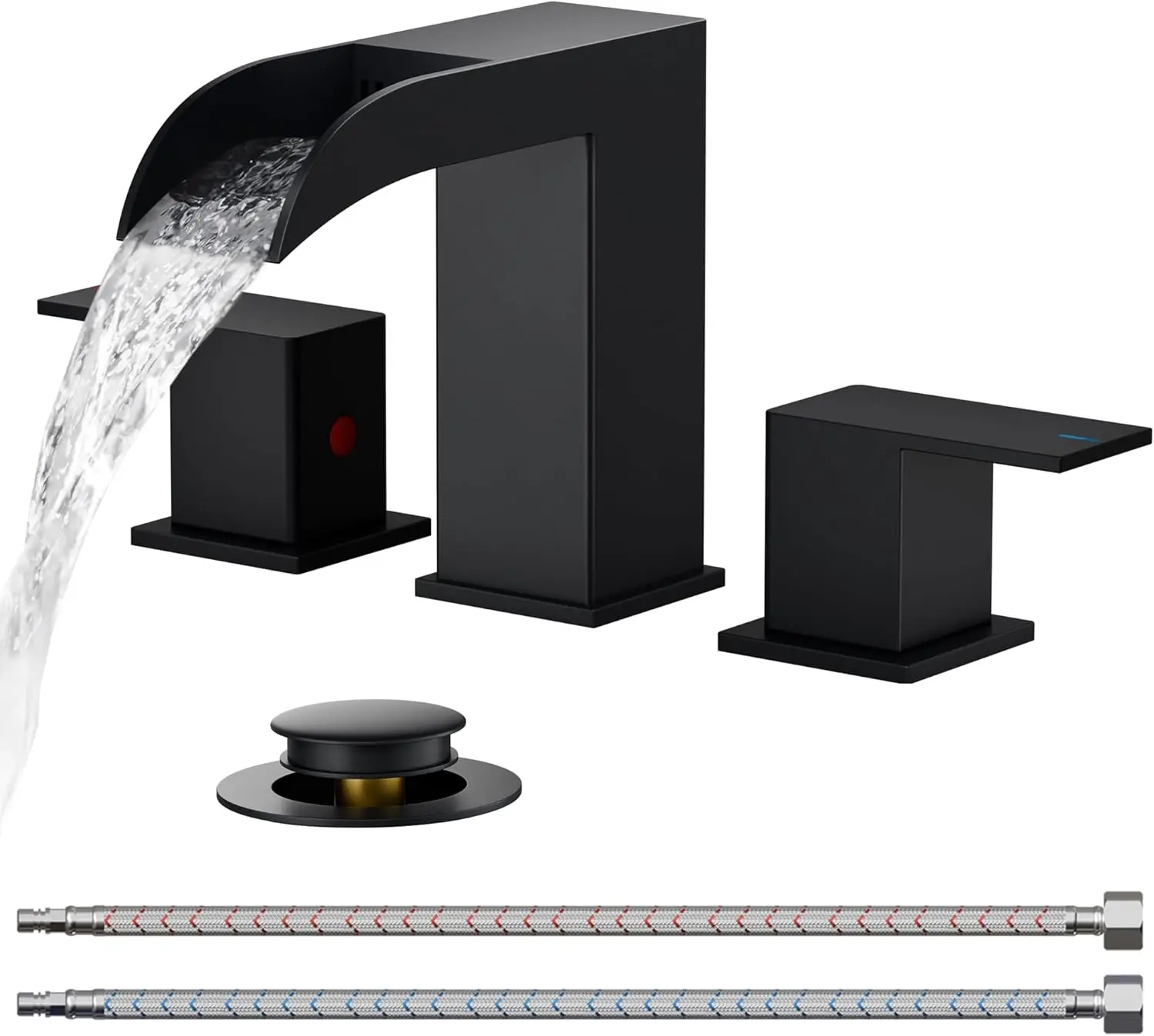 Square Matte Black Waterfall Bathroom Faucets 3 Hole, 8 Inch Widespread Bathroom Sink Faucet with Metal Pop-up Drain and
Square Matte Black Waterfall Bathroom Faucets 3 Hole, 8 Inch Widespread Bathroom Sink Faucet with Metal Pop-up Drain and