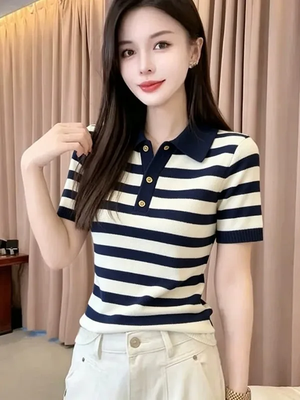 Fashionable Striped Neck Short Sleeve Knitted T-Shirt Women's Top Casual Style Regular Fit Breathable Summer 2026
Fashionable Striped Neck Short Sleeve Knitted T-Shirt Women's Top Casual Style Regular Fit Breathable Summer 2026