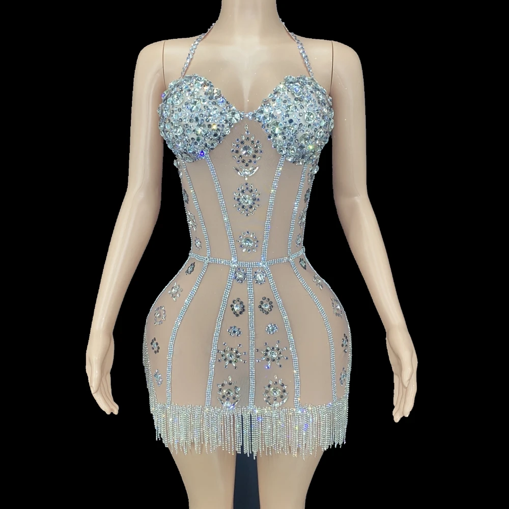 Sparkly Silver Rhinestones Chain Long Sleeves Mesh Transparent Short Dress Sexy Birthday Celebrate Gown Evening Party Dress
Sparkly Silver Rhinestones Chain Long Sleeves Mesh Transparent Short Dress Sexy Birthday Celebrate Gown Evening Party Dress