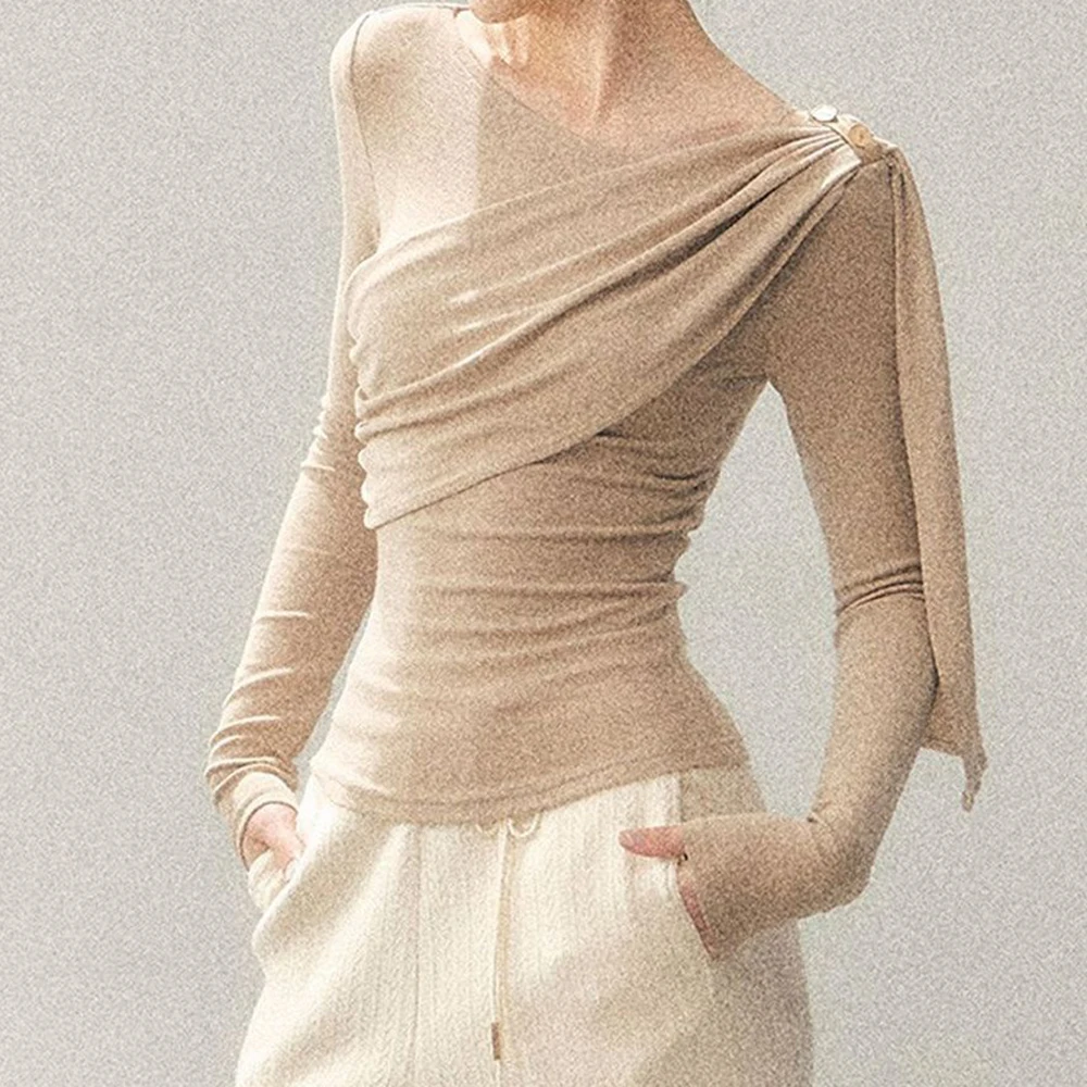 Simple asymmetrical streamer long-sleeved T-shirt for women's autumn and winter slim-fitting pleated inner bottoming shirt
Simple asymmetrical streamer long-sleeved T-shirt for women's autumn and winter slim-fitting pleated inner bottoming shirt