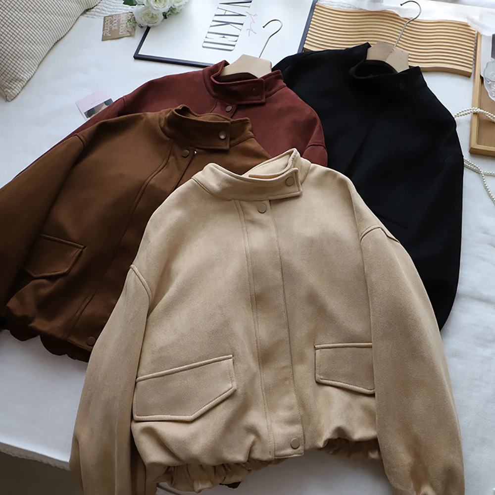 Women Retro Faux Suede Windproof Short Coats Autumn Winter Korean Stand Collar Solid Color Loose Outerwears Commute Jackets
Women Retro Faux Suede Windproof Short Coats Autumn Winter Korean Stand Collar Solid Color Loose Outerwears Commute Jackets