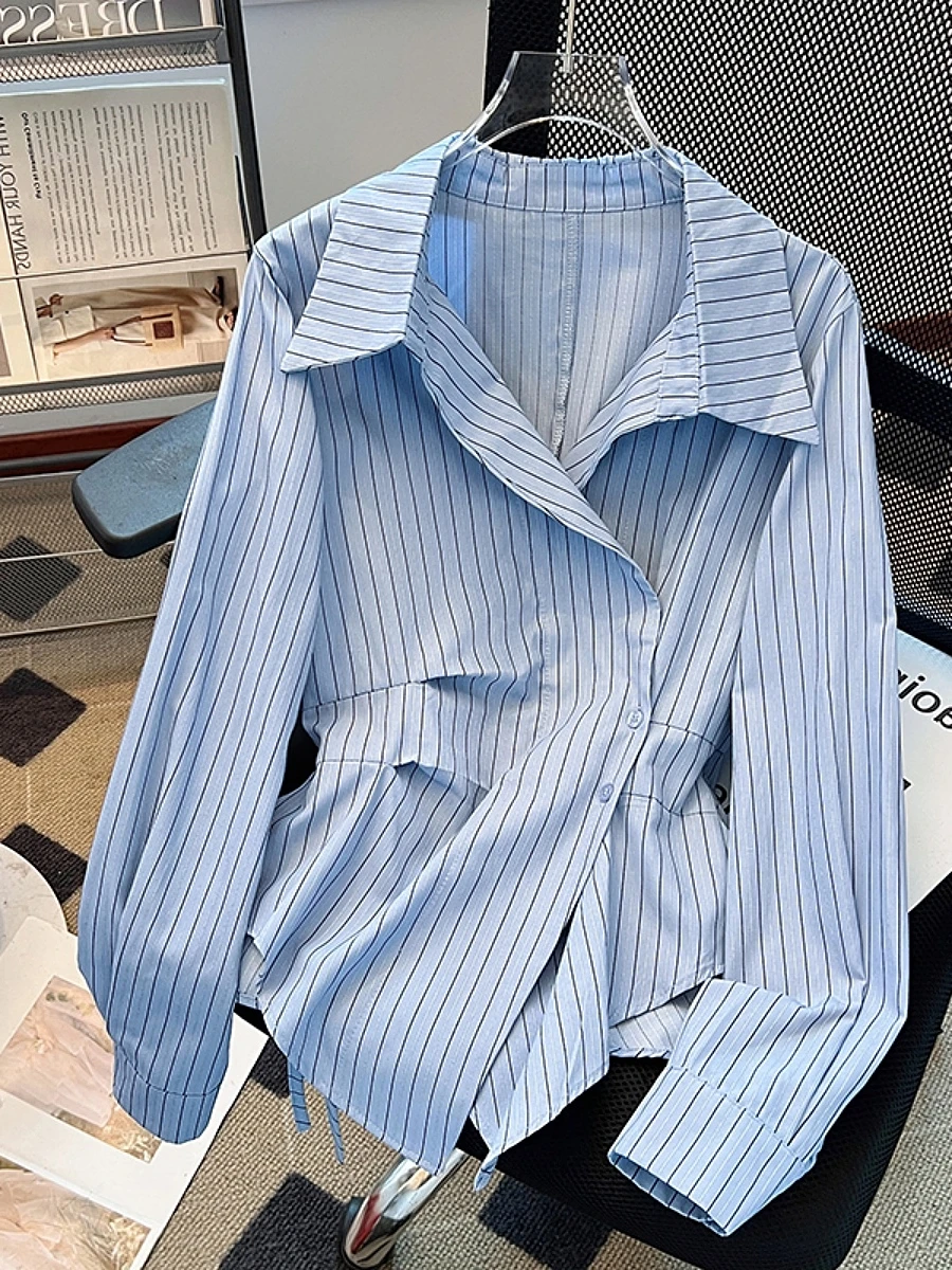 Blue Striped Long Sleeve Women's Shirt Slimming Waist Design Spring Fashion Casual Stylish Office Lady Polyester Fiber Shirt
Blue Striped Long Sleeve Women's Shirt Slimming Waist Design Spring Fashion Casual Stylish Office Lady Polyester Fiber Shirt