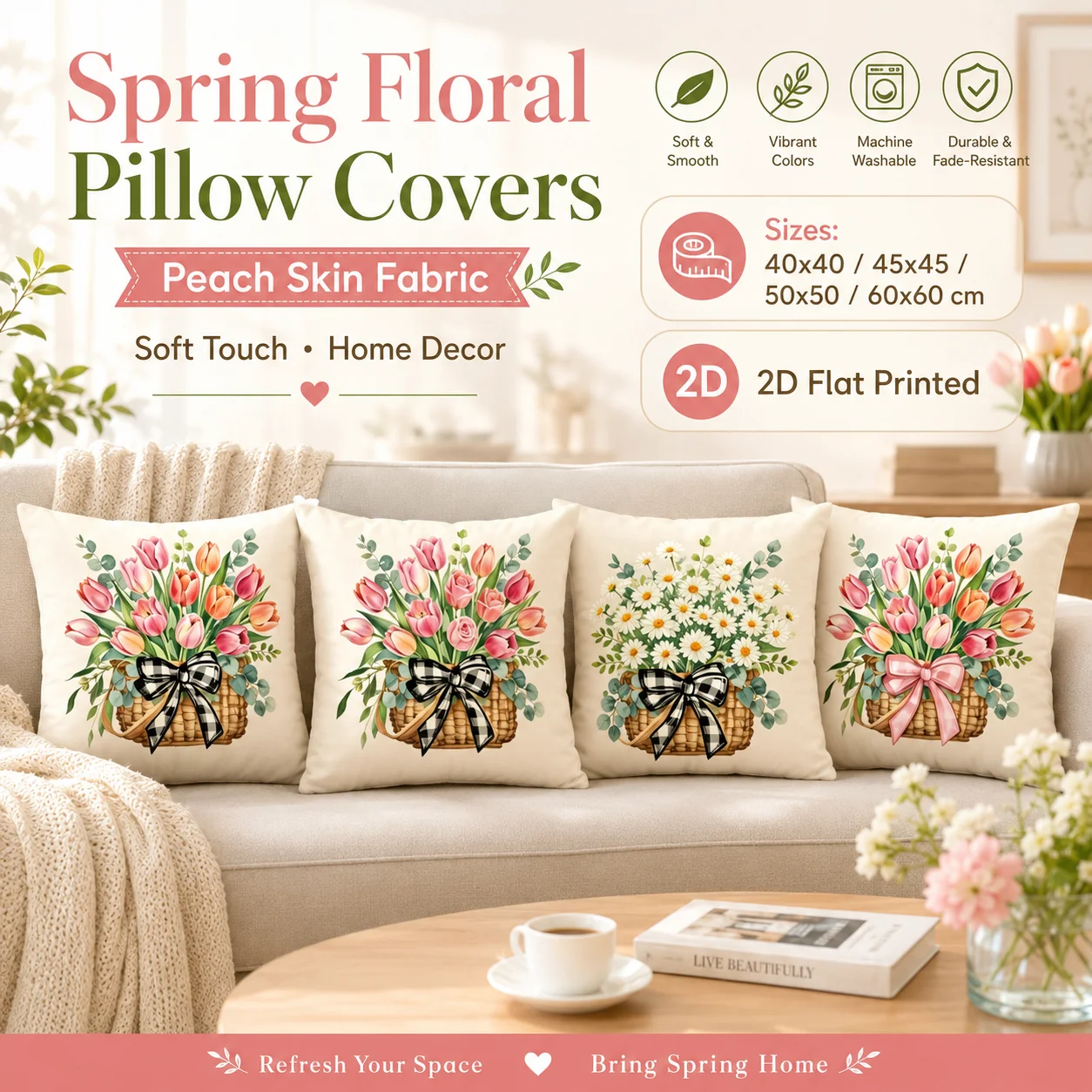 2026 Spring Floral Pillowcase Peach Skin 2D Flat Printed Tulip Flower Basket Pillow Cover For Sofa Living Room Farmhouse Decor
2026 Spring Floral Pillowcase Peach Skin 2D Flat Printed Tulip Flower Basket Pillow Cover For Sofa Living Room Farmhouse Decor