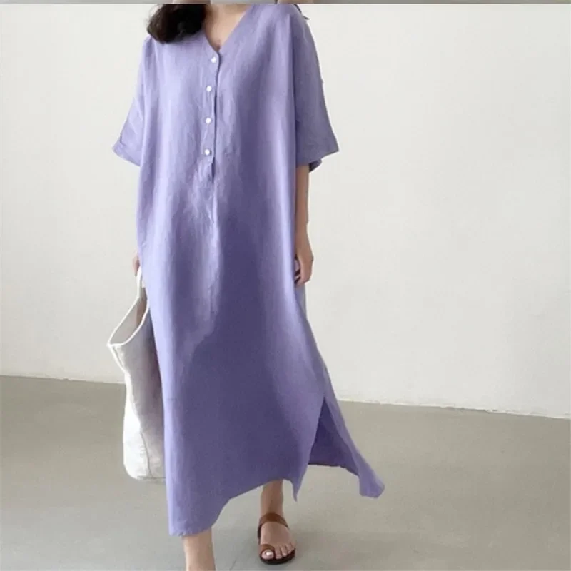 TFETTERS Simple Cotton Linen Dress Women's Summer 2025 New Half-sleeve V-neck Long Dress Casual and Loose Home Clothes Women
TFETTERS Simple Cotton Linen Dress Women's Summer 2025 New Half-sleeve V-neck Long Dress Casual and Loose Home Clothes Women