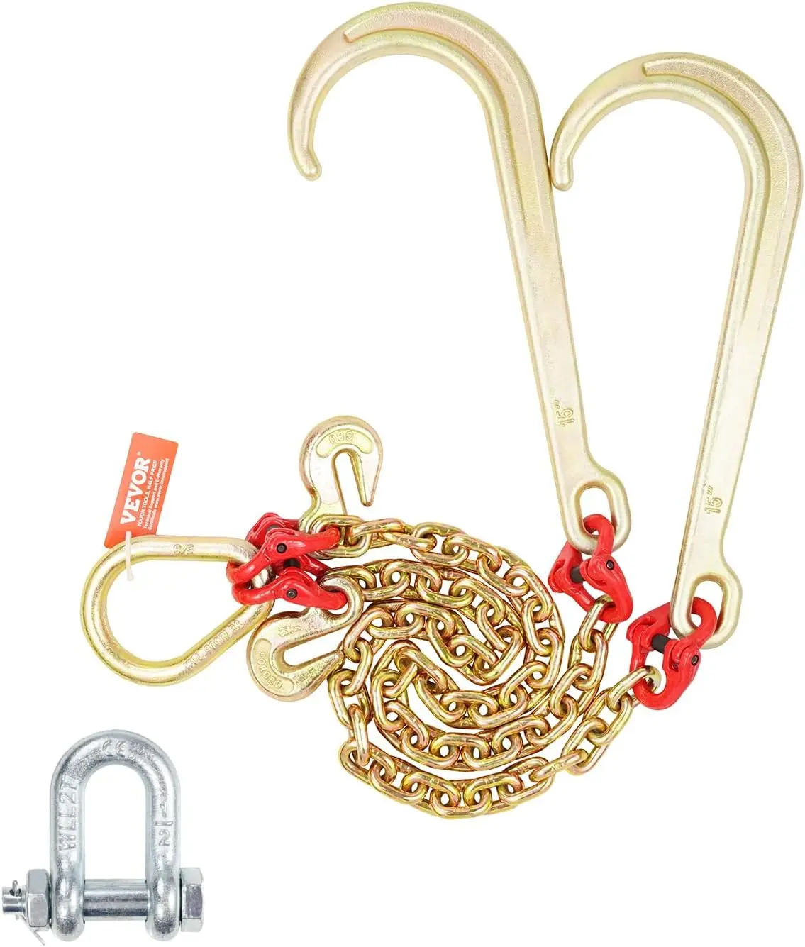 Heavy Duty Tow Chain Bridle, 5/16" x 2' with J Hooks and Grab Hooks, 10800 lbs Safe Working Load for Flatbed Wrecker Recovery
Heavy Duty Tow Chain Bridle, 5/16" x 2' with J Hooks and Grab Hooks, 10800 lbs Safe Working Load for Flatbed Wrecker Recovery