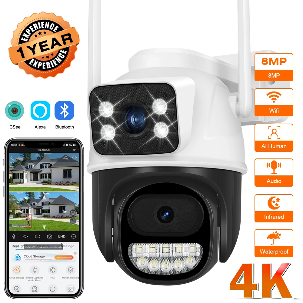 External Wifi PTZ Camera Dual Lens 4K 8MP HD Outdoor IP Camera 4MP Auto Tracking Security Protection CCTV Surveillance iCsee P2P
External Wifi PTZ Camera Dual Lens 4K 8MP HD Outdoor IP Camera 4MP Auto Tracking Security Protection CCTV Surveillance iCsee P2P