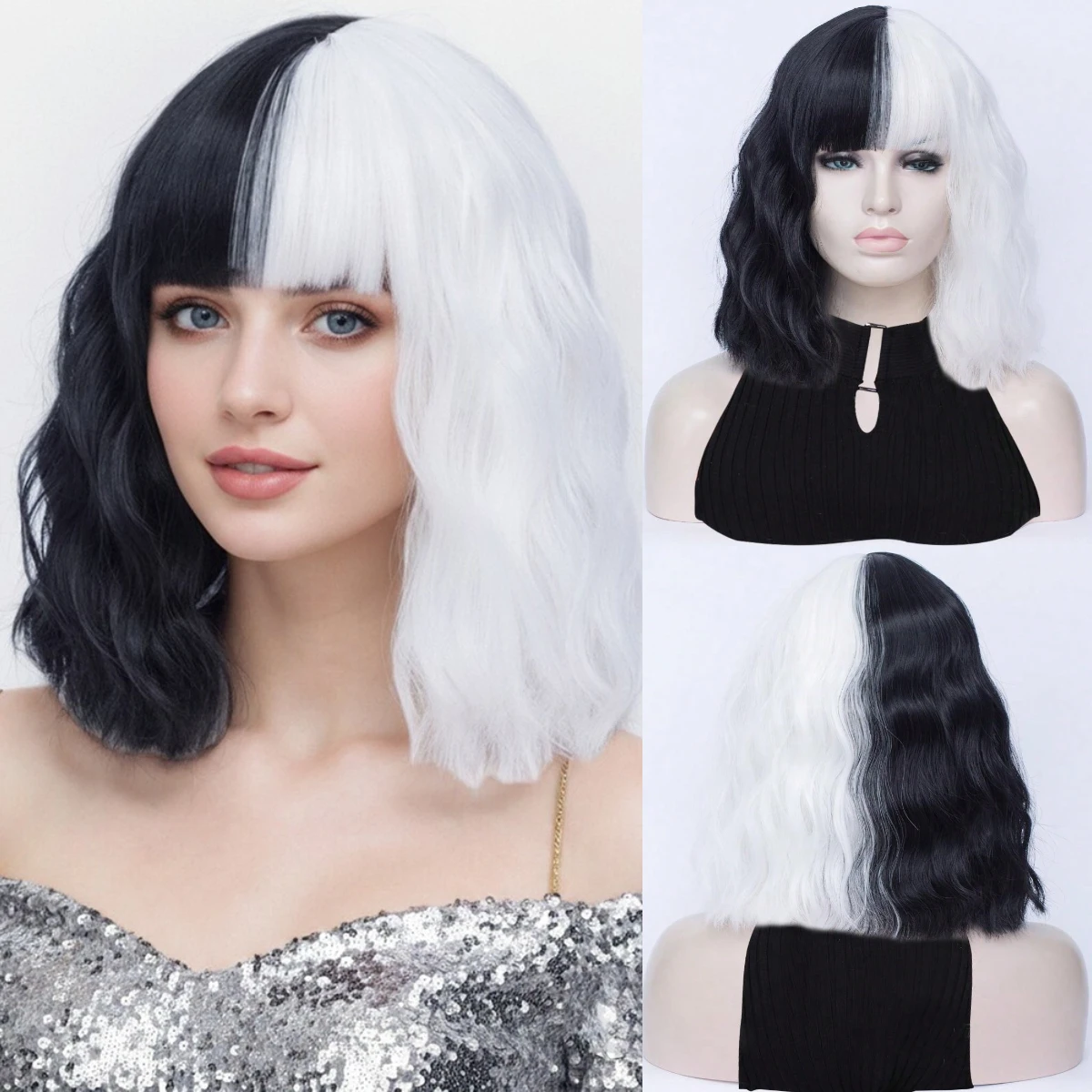 Medium Wavy Synthetic Wig Half Black Half White Split Color with Bangs for Anime Cosplay & Halloween Party Heat Resistant
Medium Wavy Synthetic Wig Half Black Half White Split Color with Bangs for Anime Cosplay & Halloween Party Heat Resistant