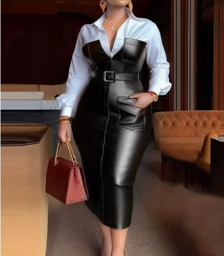 Women Dress 2026 Spring New Temperament Commuting Pu Leather Splicing Solid Color Turn-Down Collar Long Sleeve Shirt Dress
Women Dress 2026 Spring New Temperament Commuting Pu Leather Splicing Solid Color Turn-Down Collar Long Sleeve Shirt Dress