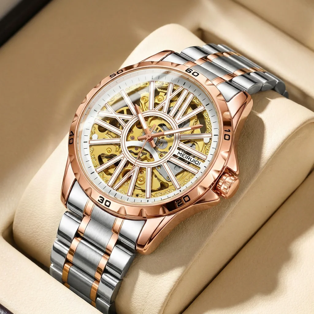 1pcs Men's gold dial alloy strap vintage fashion skeleton gear luxury details Mechanical Watch for business party holiday
1pcs Men's gold dial alloy strap vintage fashion skeleton gear luxury details Mechanical Watch for business party holiday