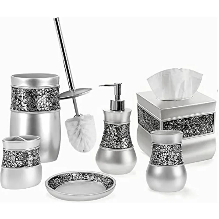 Crackled Glass Silver Bathroom Accessories Set 6 Piece Includes Toilet Brush Holder Tissue Box Cover Toothbrush Holder Soap Dis
Crackled Glass Silver Bathroom Accessories Set 6 Piece Includes Toilet Brush Holder Tissue Box Cover Toothbrush Holder Soap Dis