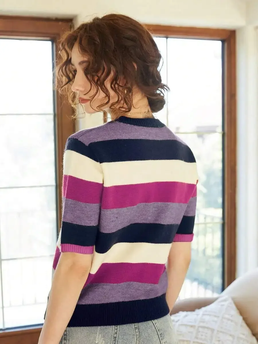 Women Striped Crew Neck Loose Short Sleeve Knit Sweater Casual Pullover Top
Women Striped Crew Neck Loose Short Sleeve Knit Sweater Casual Pullover Top