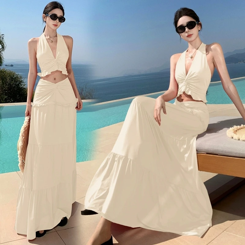 Womens 2 Piece Set Pure Sexy Beach Outfit V Neck Halter White Crop Top & High Waist Skirt 2025Summer Holiday Party Clothes Suit
Womens 2 Piece Set Pure Sexy Beach Outfit V Neck Halter White Crop Top & High Waist Skirt 2025Summer Holiday Party Clothes Suit